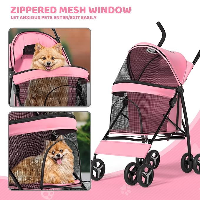 Magshion Compact Pet Stroller for Small-Medium Dogs/Cats up to 22lbs, 4-Wheel Lightweight Umbrella Shaped Portable Puppy Travel Jogger with Breathable Mesh &amp; Rear Storage, Pink