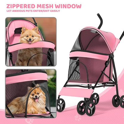 Magshion Compact Pet Stroller for Small-Medium Dogs/Cats up to 22lbs, 4-Wheel Lightweight Umbrella Shaped Portable Puppy Travel Jogger with Breathable Mesh &amp; Rear Storage, Pink