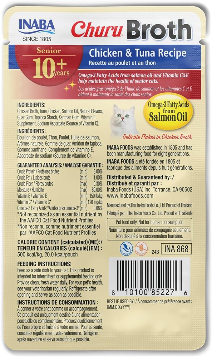 INABA Churu Broth for Cats Senior 10+, Side Dish Pouch, 1.4 Ounces per Pouch, 12 Pouches Total, Chicken &amp; Tuna Recipe