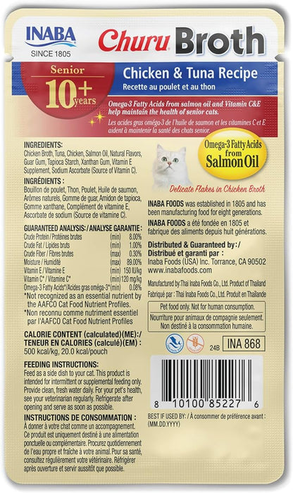 INABA Churu Broth for Cats Senior 10+, Side Dish Pouch, 1.4 Ounces per Pouch, 12 Pouches Total, Chicken &amp; Tuna Recipe