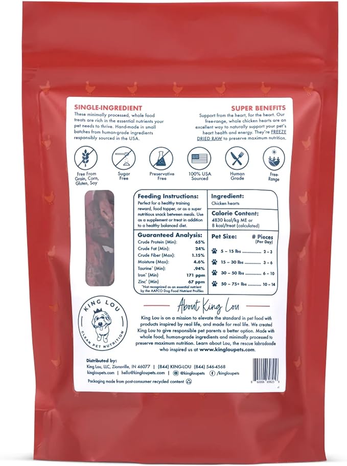 King Lou Pets - Whole Chicken Hearts for Dogs and Cats - Freeze Dried Cat Treats and Dog Treats - USA-Made Chicken Hearts - Taurine, Zinc, &amp; Iron to Support Heart Health - Contains 50-60 Whole Hearts