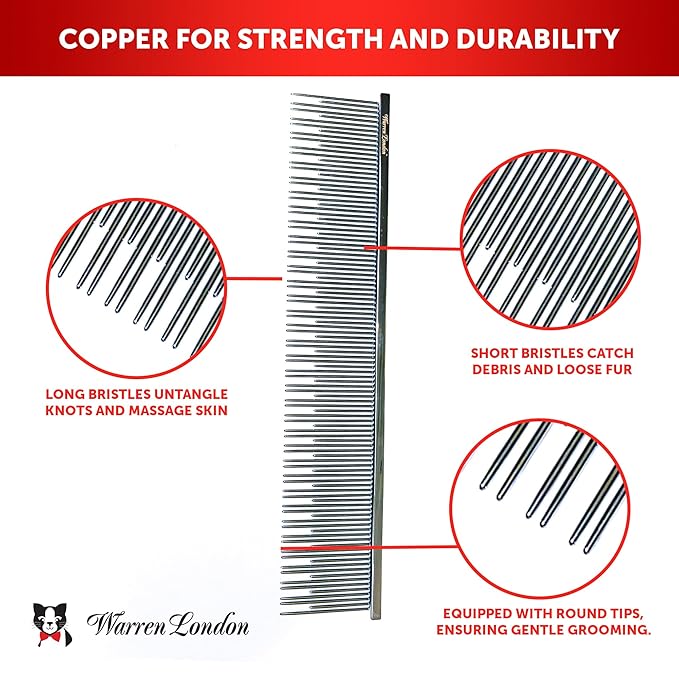 Warren London Carding Cat Comb | 7.5 inches made with Copper | Rounded Tips Prevent Irritation | Dual Tooth Design for Short &amp; Long Hair removes Mats and Tangles