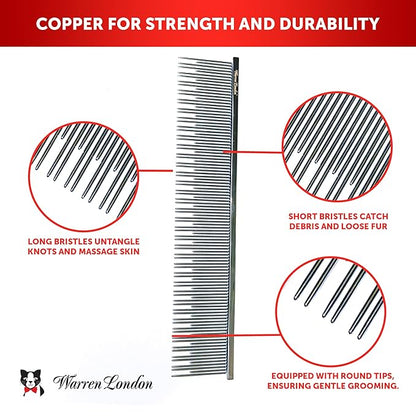 Warren London Carding Cat Comb | 7.5 inches made with Copper | Rounded Tips Prevent Irritation | Dual Tooth Design for Short &amp; Long Hair removes Mats and Tangles
