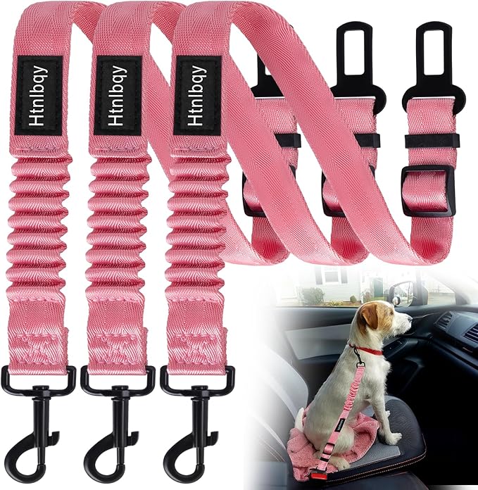 Thickened Dog Seat Belt for Car, 3 Pack Set Retractable Dog Car Adjustable Seatbelts for Vehicle Nylon Pet Safety Heavy Duty &amp; Elastic &amp; Durable Car Harness for Dogs, Light Pink