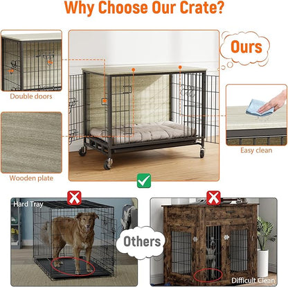 Dog Crate Furniture, 38.6" Wooden Dog Crate with Double Doors, Dog Furniture, Large Dog Kennel Indoor End Table for Large Dogs, Grey