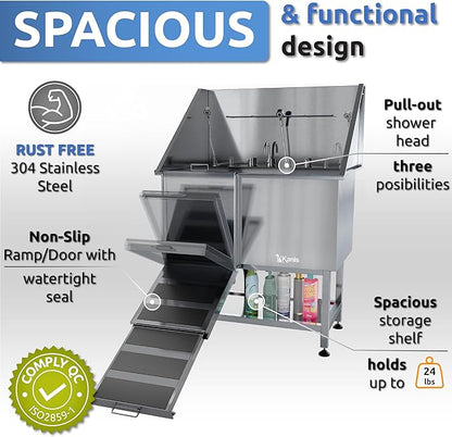 KANIS Professional Dog Washing Station - 304 Stainless Steel Pet Wash Sink &amp; Grooming Bath Tub for Home with Ramp, Shower, Floor Grate, Storage Shelf, Faucet, Drain Kit for Large, Medium &amp; Small Pets