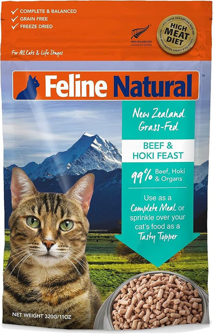 Feline Natural High Protein Dry Cat Food, Freeze-Dried Diet with 98% Meat, Organs &amp; Seafood, No Peas, Grains, or Artificial Additives, Made in New Zealand, Beef &amp; Hoki, 11oz