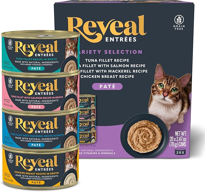 Reveal Entrées Natural Wet Cat Food Paté, Grain-Free with Added Vitamins &amp; Minerals, Carrageenan-Free Variety Selection in Pate (20 x 2.47 oz cans)