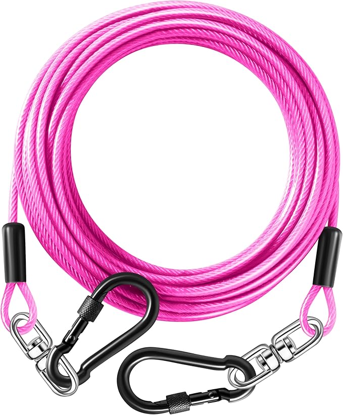 Dog Tie Out Cable 15FT-500Lbs,Heavy Duty Dog Leads&amp;Tether for Yard with Swivel Hook,Small Large Dogs Leash Line for Outside,Rust Chew Proof Dogs Run Cable for Outdoor Camping (Pink, 15FT)