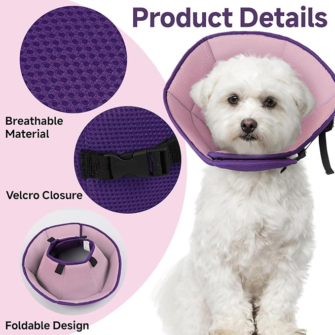 Dog Cone Collar M, Soft Cones for Large Medium Small Dogs,Adjustable Dog Cone Alternative to Stop Licking, Comfy Elizabethan Collar for After Surgery Wound Healing &amp; Hot Spots Purple