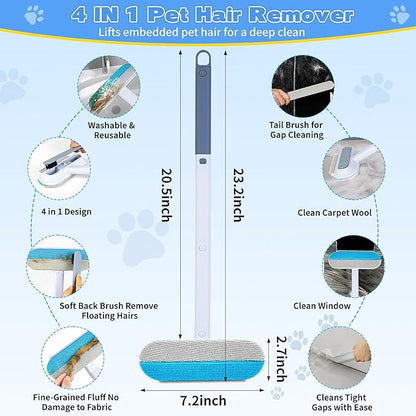 Pet Hair Remover for Furniture – 23.2Inch Reusable Dog &amp; Cat Hair Removal Brush, Washable Lint Cleaner with Long Handle, 4-in-1 Pet Hair Remover for Couch, Carpet, Clothes &amp; Bedding