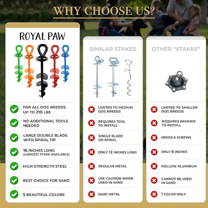 ROYAL-PAW Dog Tie Out Stake - for Large Dogs up to 210 lbs - Heavy Duty Dog Stake for Yard, Beach &amp; Camping Outside - Best in Ground Anchor for a Dog Cable, Leash, Lead Tether (1, Crimson Red)