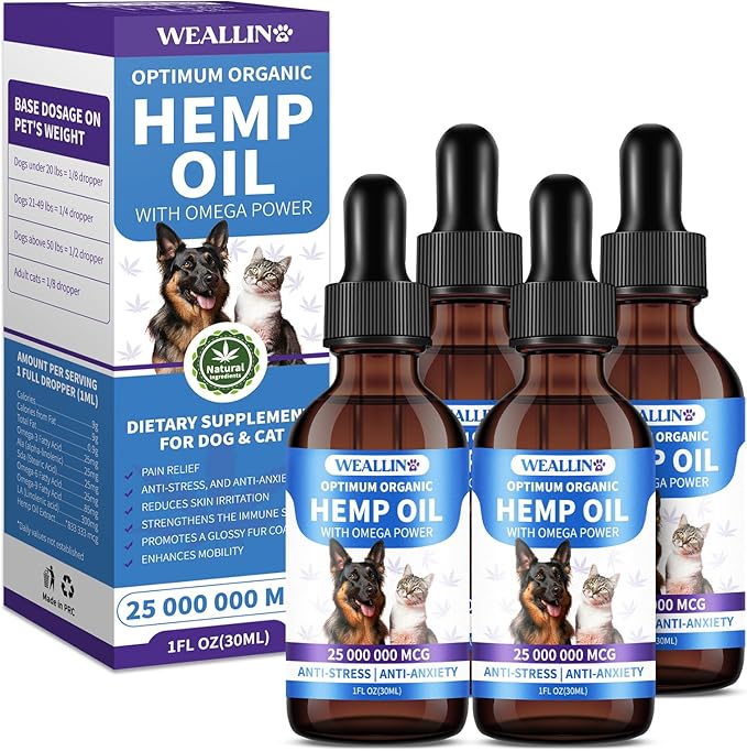 Hemp Oil for Dogs and Cats - Omega-3, 6, 9 Rich Organic Extract - Eases Pet Anxiety, Pain, Skin &amp; Coat Health - Stress Relief, Hip &amp; Joint Support - Calming Treats (4 Pack)