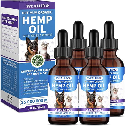 Hemp Oil for Dogs and Cats - Omega-3, 6, 9 Rich Organic Extract - Eases Pet Anxiety, Pain, Skin &amp; Coat Health - Stress Relief, Hip &amp; Joint Support - Calming Treats (4 Pack)