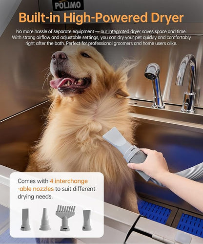 polimo Dog Washing Station with Dryer &amp; LED, Professional Stainless Steel Grooming Tub, Dog Bathtub for Large, Medium &amp; Small Dog, w/Window, Ramp, Drawer, Floor Grate &amp;Fauct （Right RAMP &amp; Dryer, 50"）