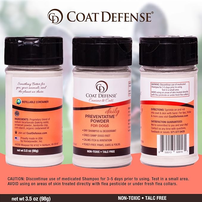 COAT DEFENSE Preventative Powder | Made in USA | 3.5oz Waterless Dog Shampoo &amp; Pet Deodorizer for Smelly Dogs | Provides Anti Itch Relief | Dog Shampoo for Dry Itchy Skin &amp; Smelly Dogs