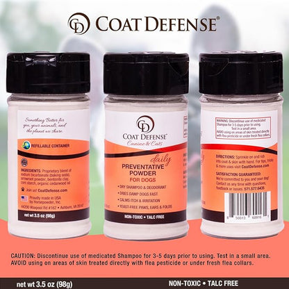 COAT DEFENSE Preventative Powder | Made in USA | 3.5oz Waterless Dog Shampoo &amp; Pet Deodorizer for Smelly Dogs | Provides Anti Itch Relief | Dog Shampoo for Dry Itchy Skin &amp; Smelly Dogs