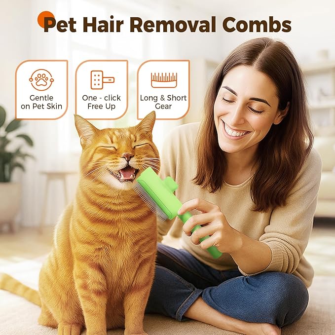 Pet Hair Removal Comb Flea Combs for Cats and Dogs, Pet Flea Comb Grooming Brush with One-Click Release Button, Dog Cat Deshedding Brush for Short &amp; Long Hair (Blue &amp; Green)