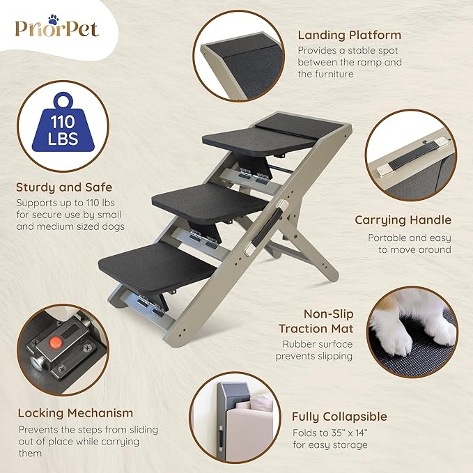 Dog Steps for Bed &amp; Couch 2-in-1 Dog Stairs/Ramp - Height Adjustable Dog Ramp for Couch 7” - 20” - Pet Stairs, Dog Stairs for Small Dogs - Easy to Move Pet Steps with Landing Platform, Gray