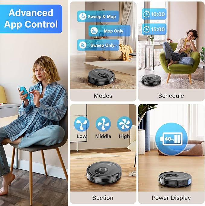 Tikom Robot Vacuum and Mop Combo, 5000Pa Robotic Vacuum Cleaner, 150 Min Max, App &amp; Remote Control, Ideal for Hard Floor, Carpet, Pet Hair, Self-Charge(G8000 Max)