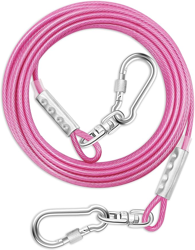 Dog Tie Out Cable for Outside,20FT Long Dog Leash&amp;Chains with Swivel Hook,Small-Large Dogs Runner Cable for Yard,Heavy Duty Dogs Lead Line for Outdoor and Camping (500lbs 20FT, Pink)