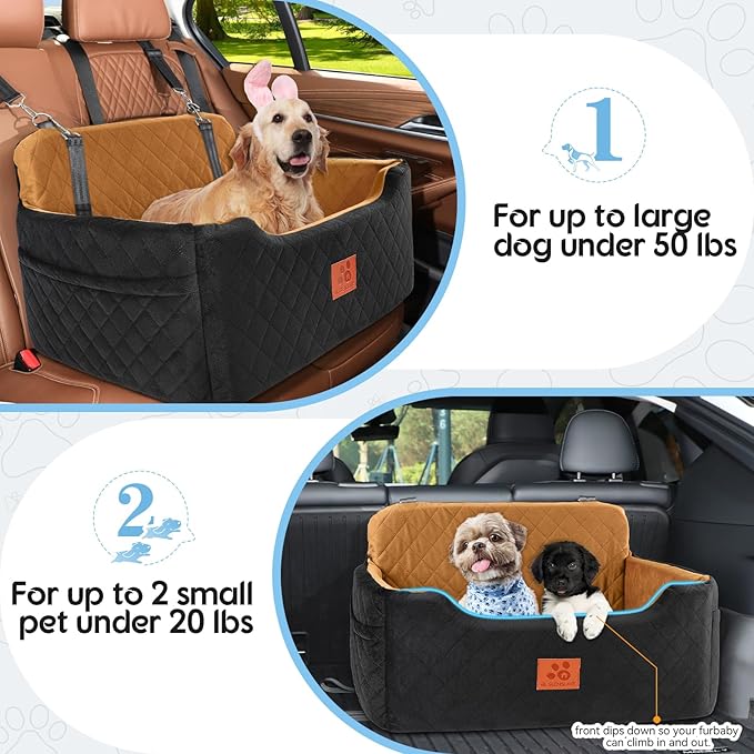 Dog Car Seat for Medium/Large Dogs,Dog Booster Seat for Dog Under 50lbs or 2 Small Dogs, Detachable and Washable Pet Car Seat,Multi-Functional Travel Dog Bed &amp; Dog Sofa(Black/Brown)