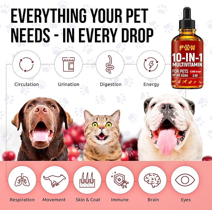 Liquid Multivitamin for Dogs – Daily Glucosamine, Vitamin B, C &amp; D3 Support – Cat Vitamins for Indoor Cats to Care for Joints &amp; HIPS, Skin &amp; Coat, and Gut – Help with Allergies &amp; UTIs – 2 Oz