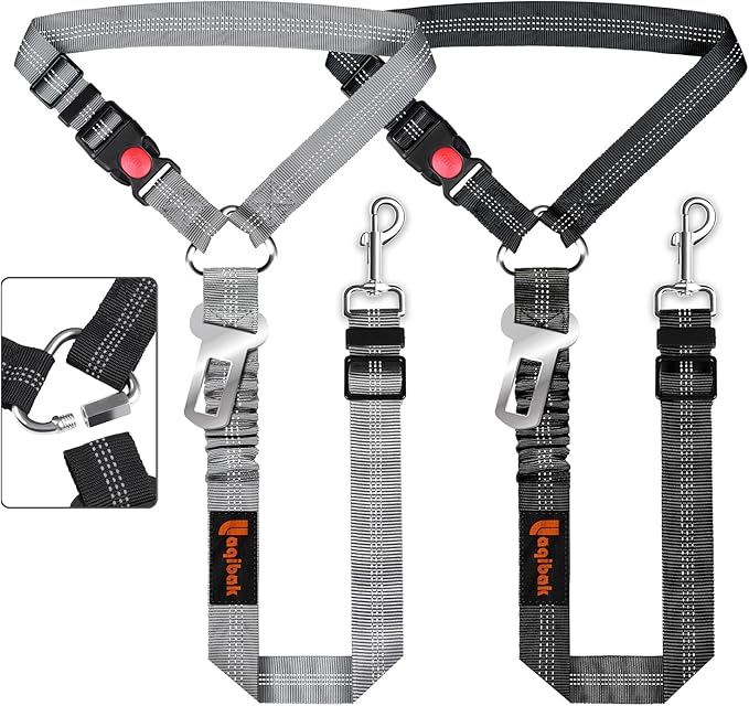 Removable Dog Seat Belt Harness for Car, 3 in 1 Pet Dog Car Seatbelt Leash, Retractable Restraint Secures to Vehicle Headrest &amp; Adjustable Reflective Bungee Dog Seatbelt Tether, Grey