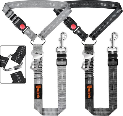 Removable Dog Seat Belt Harness for Car, 3 in 1 Pet Dog Car Seatbelt Leash, Retractable Restraint Secures to Vehicle Headrest &amp; Adjustable Reflective Bungee Dog Seatbelt Tether, Grey