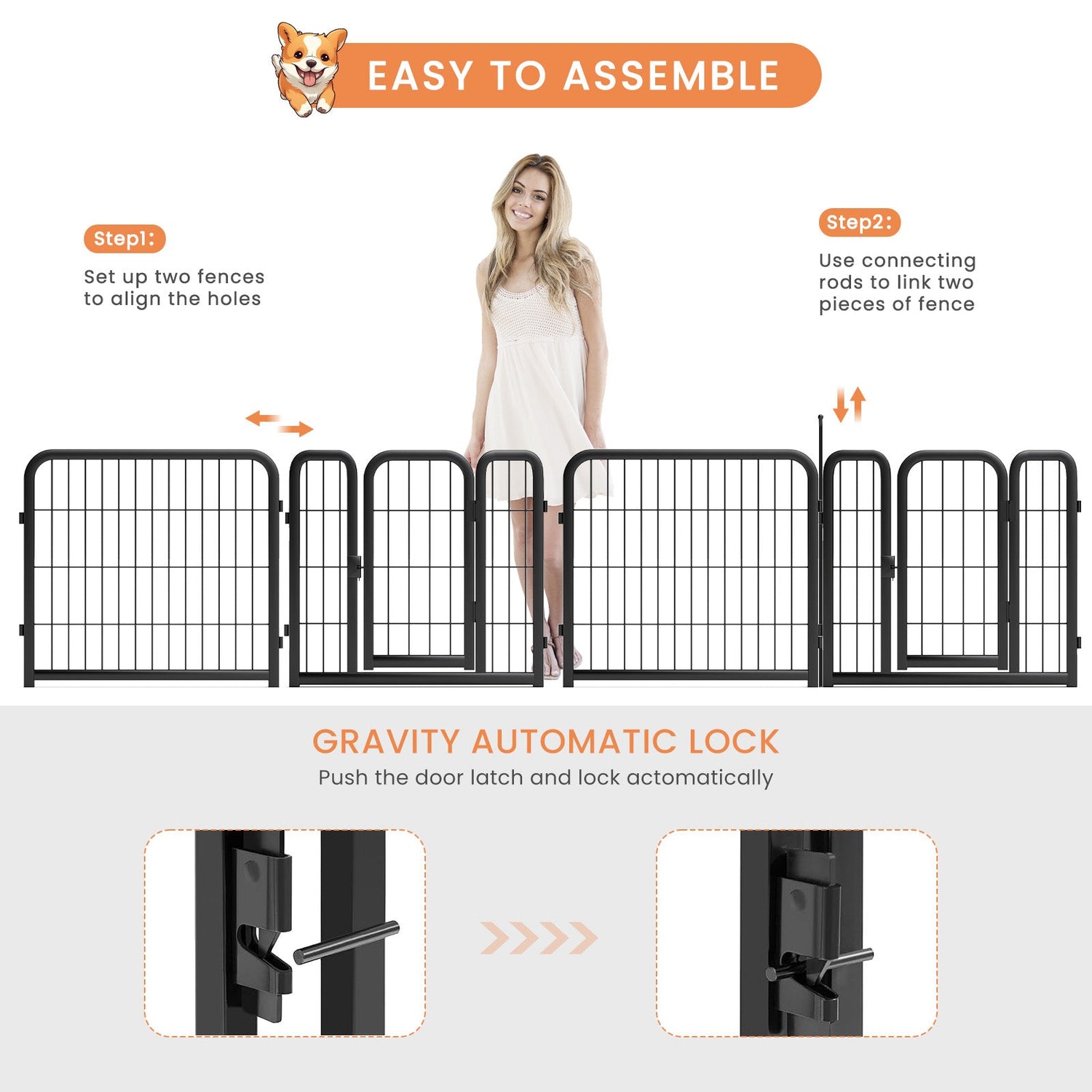 Outdoor 12 piece dog fence, 24 inch portable indoor game fence for small dog pets. Black, 22.2 inches wide x 23.6 inches high.