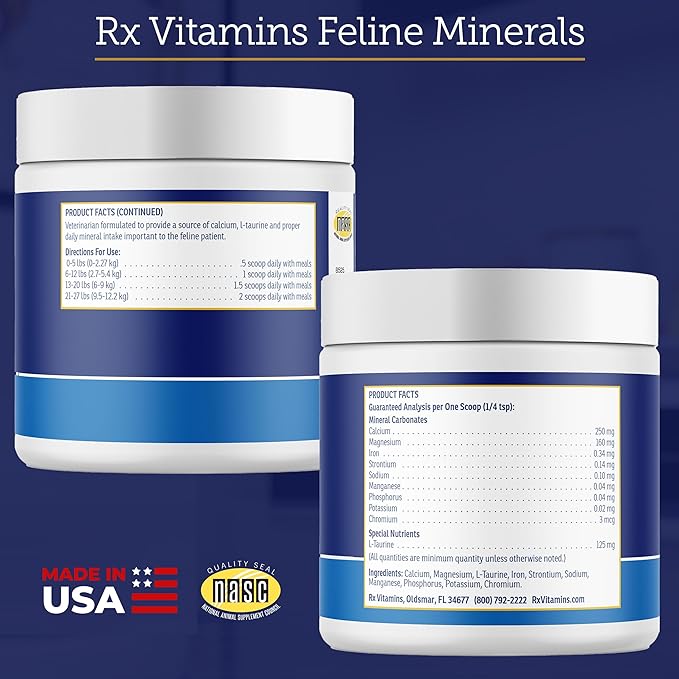 Rx Vitamins Feline Minerals - Taurine for Cat Heart Health - Calcium for Joint Supplement - Immune Support for Cats with Magnesium &amp; Potassium - Skin and Coat Supplement - 8oz