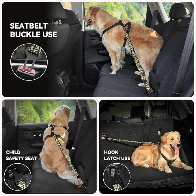 Pawaboo 2Pack Dog Seatbelt for Car, Dog Car Seat Belt Bungee, Dogs Tether with Buckle &amp; Hook Latch, Adjustable Reflective Dogs Cars Harness Leash with 360° Lockable Buckle, Army Green Camouflage