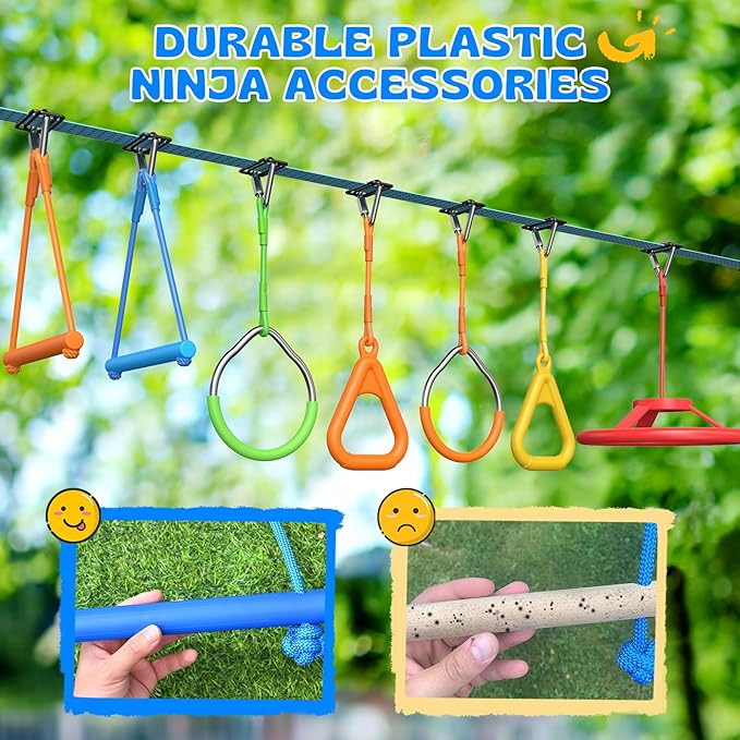 Hapfan 50 FT Ninja Warrior Obstacle Course Swing Set for Kids with Weather-Proof Accessories, Outdoor Playset with Monkey Bars for Backyard