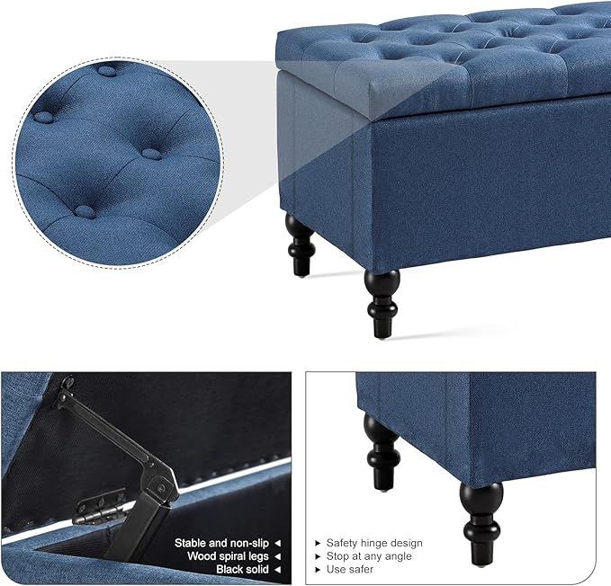 Ottoman with Storage,50.2-inch Upholstered End of Bed Storage Bench for Bedroom,for The Living Room,for Entryway, with Tray &amp; Button and Safety Hinges,Detachable (Blue)