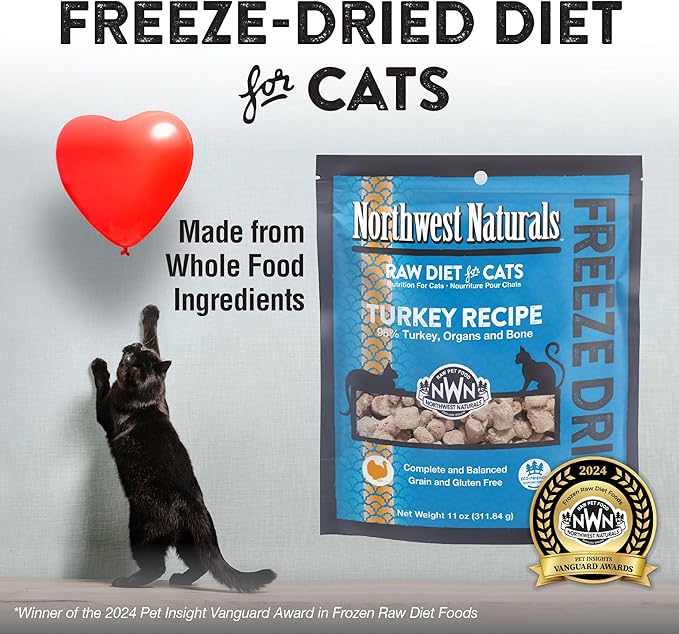 Northwest Naturals Freeze-Dried Turkey Cat &amp; Kitten Food – Bite-Sized Nibbles – Healthy, Limited, Human-Grade Ingredients, All-Natural, High-Protein Raw Diet – Complete &amp; Balanced – 11 oz (Pack of 3)