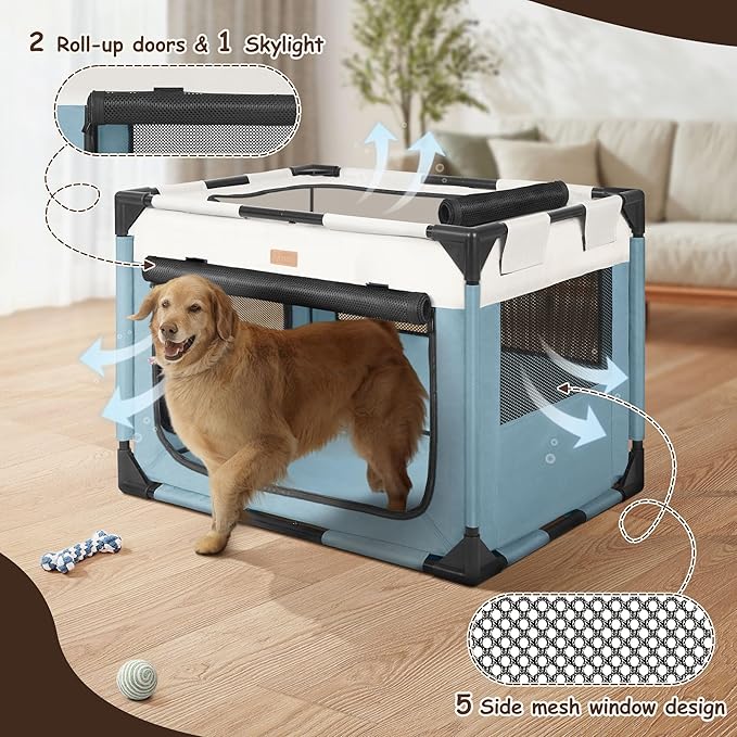 Dog Crate - Soft Pet Kennel for Dogs/Cats, 3-Door Breathable Travel Cage with Mesh Window, Portable Dog Kennel for Indoor &amp; Outdoor，Blue-M