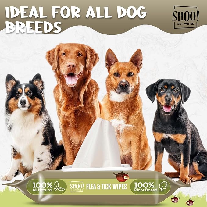 Shoo! Flea &amp; Tick Wipes for Dogs | Convenient, Easy On-The-Go Protection | Plant Based, Natural Oils, Chemical Free | Repels &amp; Prevents | 50 XL Wipes | (Woodland Harmony)