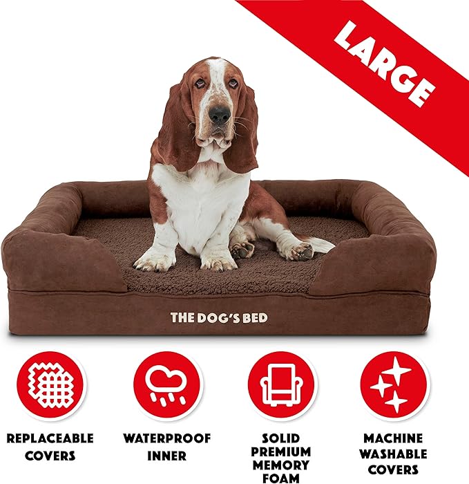 The Dog’s Bed, Large Brown Plush 36x27, Memory Foam, Pain Relief: Arthritis, Hip &amp; Elbow Dysplasia, Post Surgery, Lameness, Supportive, Calming, Waterproof Washable Cover, Veterinary Approved