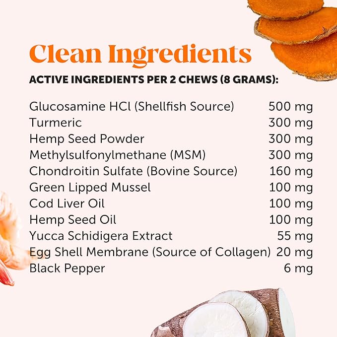 Hemp Hip &amp; Joint Supplement for Dogs - Hemp Oil &amp; Powder - Glucosamine Chondroitin for Dogs, Turmeric, MSM, Green-Lipped Mussel, Supports Mobility, May Reduce Discomfort (Bacon)