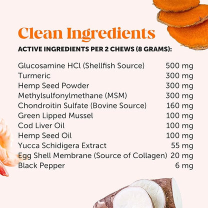 Hemp Hip &amp; Joint Supplement for Dogs - Hemp Oil &amp; Powder - Glucosamine Chondroitin for Dogs, Turmeric, MSM, Green-Lipped Mussel, Supports Mobility, May Reduce Discomfort (Bacon)