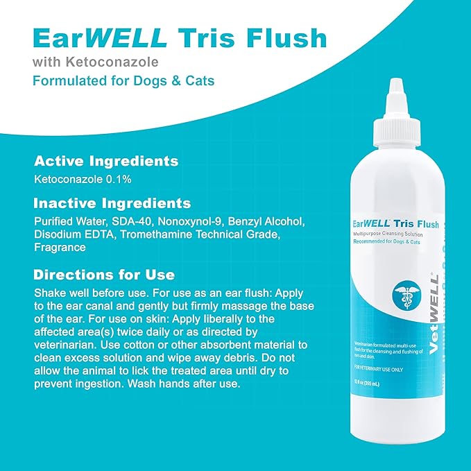 VetWELL Dog Ear Cleaner Solution &amp; Infection Treatment for Dogs &amp; Cats, Tris Otic Cleanser Drops Helps Eliminate Odor and Relieve Infections - 12oz