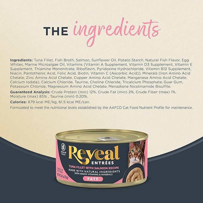 Reveal Entrées Natural Wet Cat Food Paté, Grain-Free with Added Vitamins &amp; Minerals, Carrageenan-Free Tuna Fillet with Salmon Paté Recipe (24 x 2.47 oz Cans)