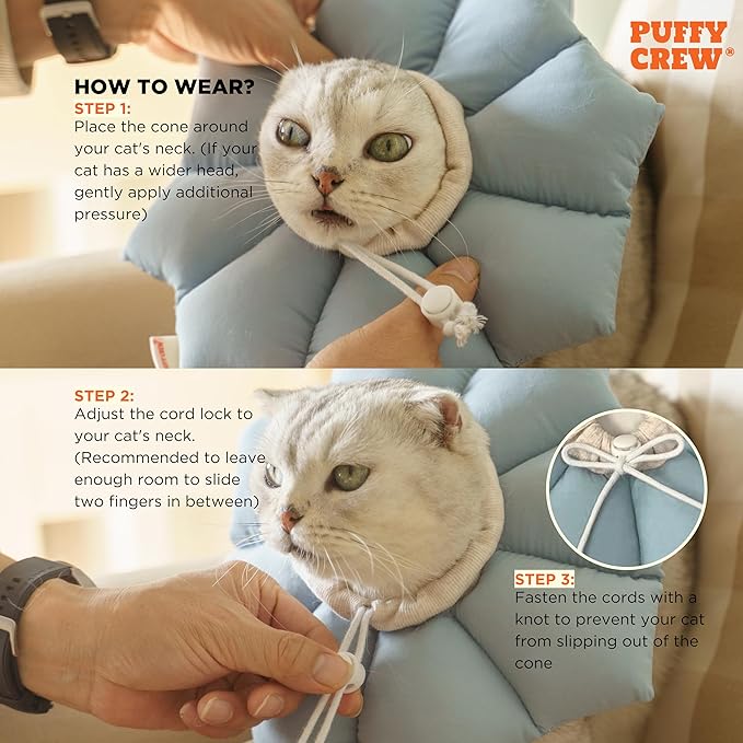 Puffy Crew Soft Cat Cone Collar, Adjustable Waterproof Recovery Collar, Lightweight Elizabethan e Collar for Cats of All Breeds (Blue, Small, Neck Circumference 5.5&