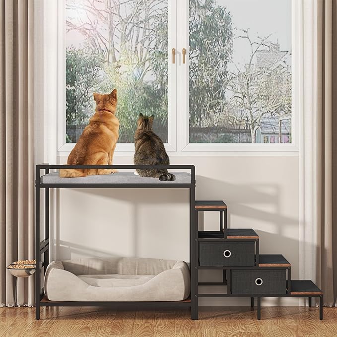 Dog Window Perch with 360° &amp; Adjustable Raised Feeder, Pet Bunk Bed with Removable Stair and 2 Drawers, Elevated Platform Bed, Pet Elevated Seat with Cushion, Paw-Friendly Ladder