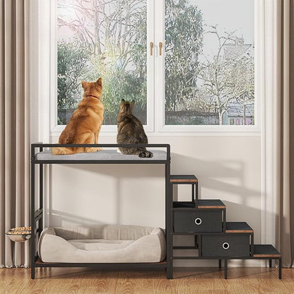 Dog Window Perch with 360° &amp; Adjustable Raised Feeder, Pet Bunk Bed with Removable Stair and 2 Drawers, Elevated Platform Bed, Pet Elevated Seat with Cushion, Paw-Friendly Ladder