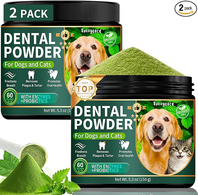 2 Pack Dog Dental Powder, Dog Teeth Cleaning Powder with Natural Herbal Blend &amp; Postbiotics, Dental Powder for Dogs Teeth, Targets Tartar &amp; Reduces Plaque &amp; Bad Breath for Dogs &amp; Cats, Mint -150Grams