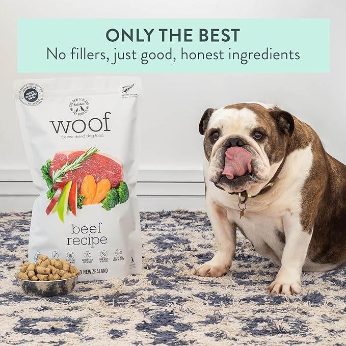 WOOF Freeze Dried Dog Food - Beef Recipe, High Protein Freeze Dried Dog Treats, Dog Food Topper &amp; Meal, 2.2 lb