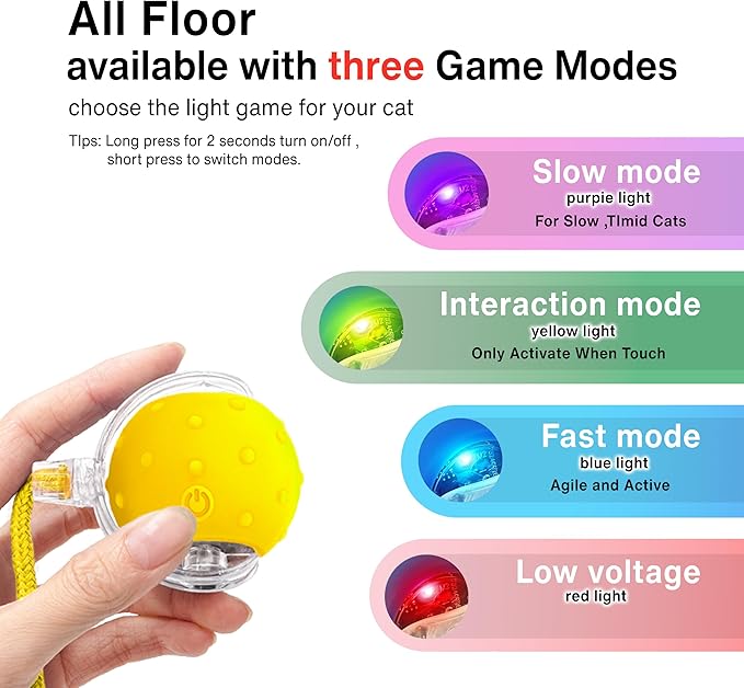 Interactive Cat Toy – Motion Activated Rolling Ball with LED Lights &amp; 3 Play Modes &amp; Two Different Tails - Best Toy for Indoor Cats &amp; Kittens to Stay Active and Stimulate Hunting Instinct (Yellow)