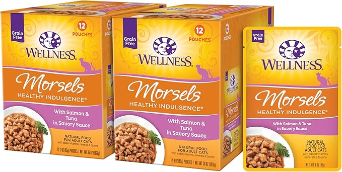 Wellness Healthly Indulgence Morsels Adult Wet Cat Food, Natural, Protein-Rich, Grain Free, 3 Ounce Pouch, 24 Pack, (Salmon &amp; Tuna)