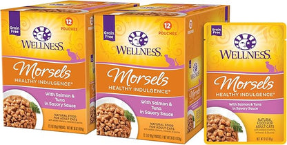 Wellness Healthly Indulgence Morsels Adult Wet Cat Food, Natural, Protein-Rich, Grain Free, 3 Ounce Pouch, 24 Pack, (Salmon &amp; Tuna)